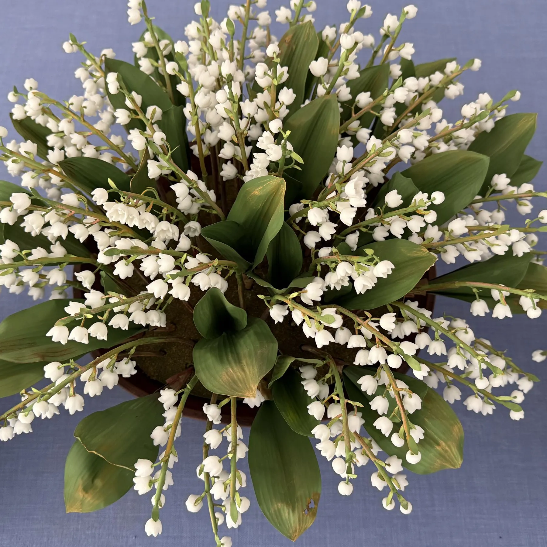 Lily of the valley in an oval pot — botanical sculpture in porcelain and hand-painted copper by Faja Schroeder