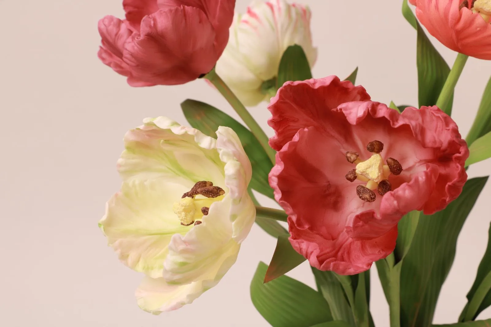 Parrot tulips in porcelain, close up: the anthers carry individually placed grains of pollen